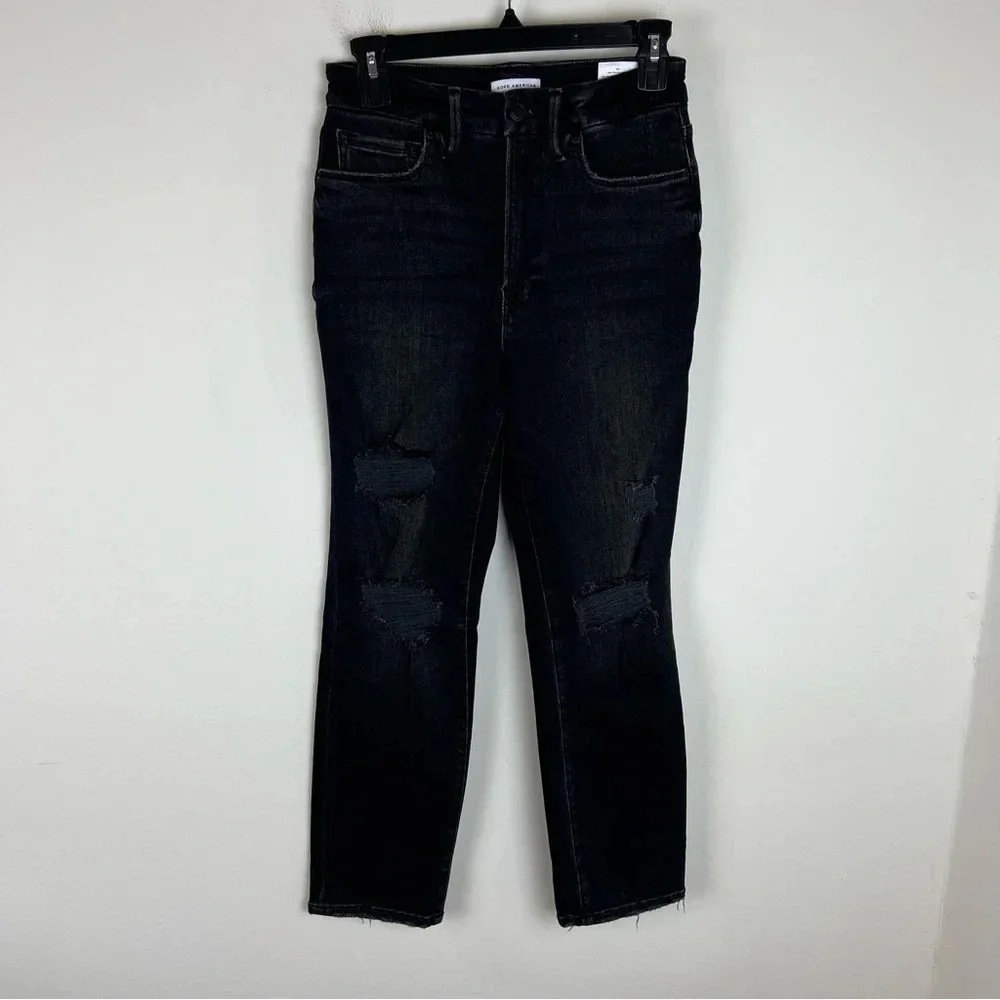 Good American Classic Black Straight Leg Jeans Denim High Waist Ripped Size 4/27